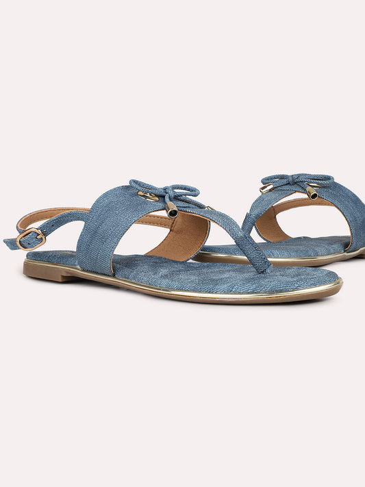 Womens Blue Casual Solid T-Strap Flat Sandals