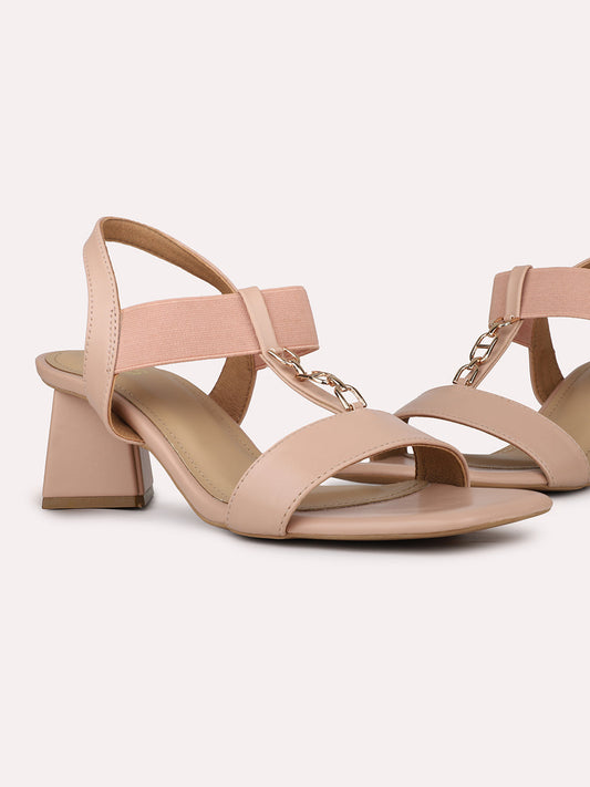 Womens Peach Party Wear Solid Open Toe Heel Sandals