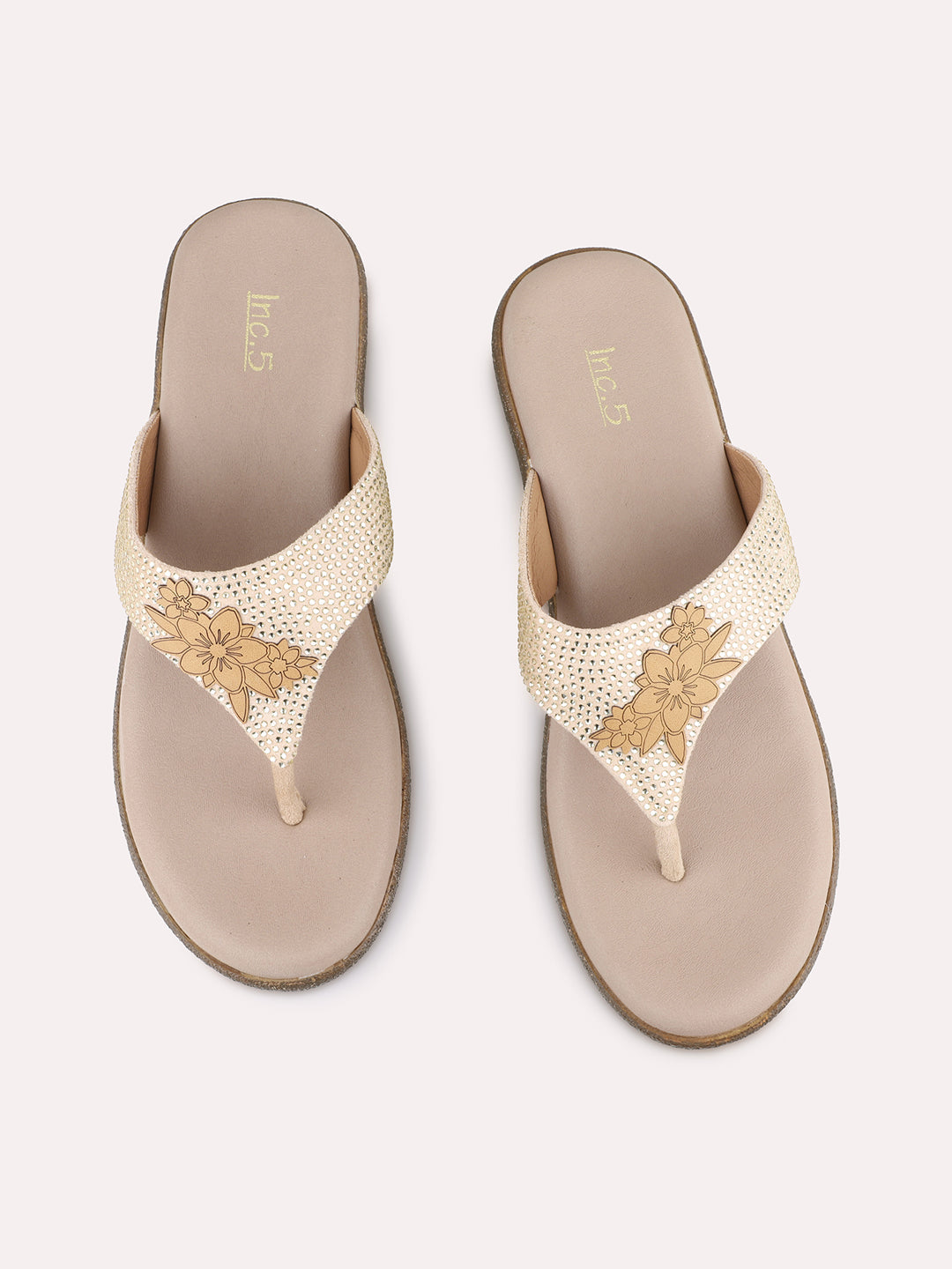 Womens Beige Ethnic Embellished Round Toe Wedges