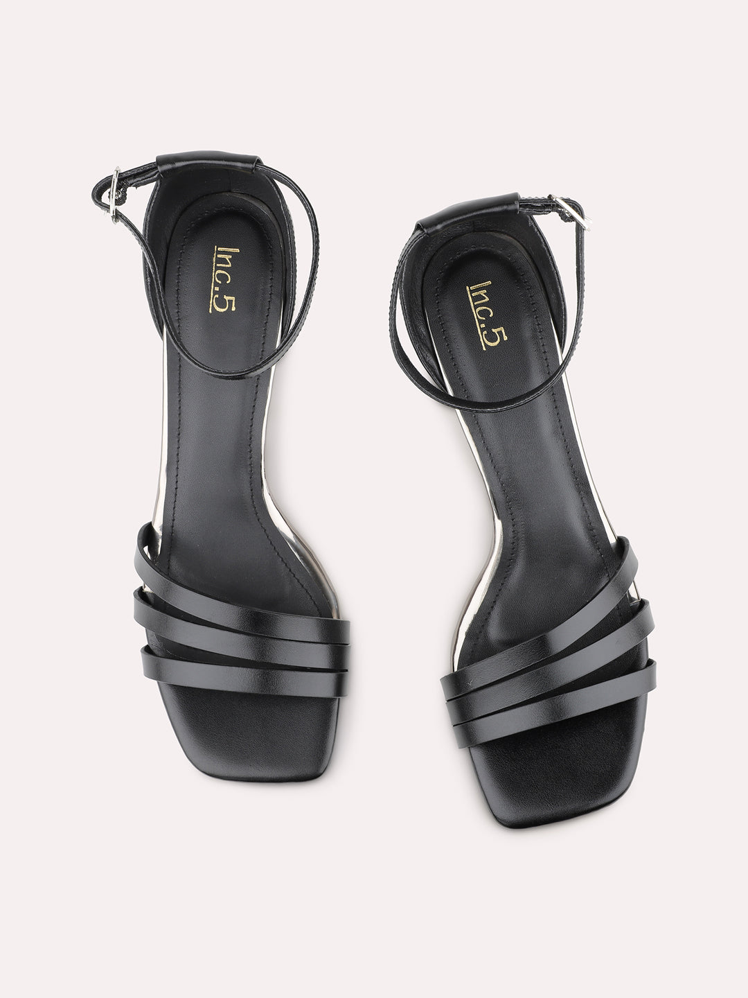 Womens Black Party Wear Striped Open Toe Heel Sandals