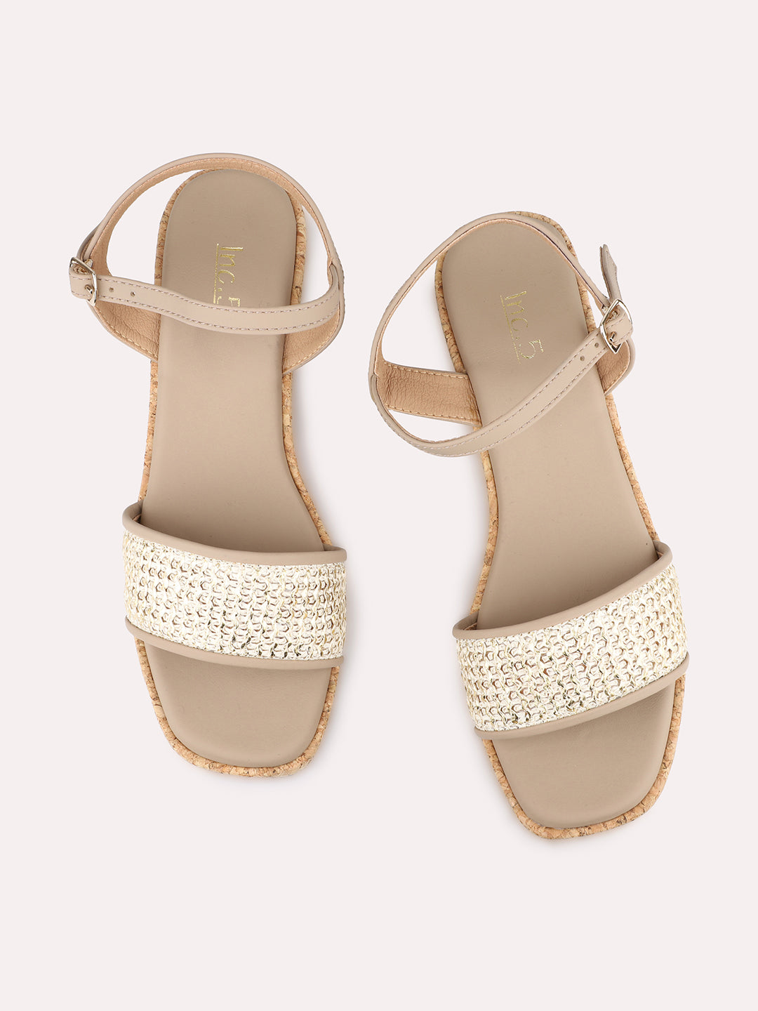 Womens Beige Party Wear Embellished Open Toe Heels With Ankle Strap