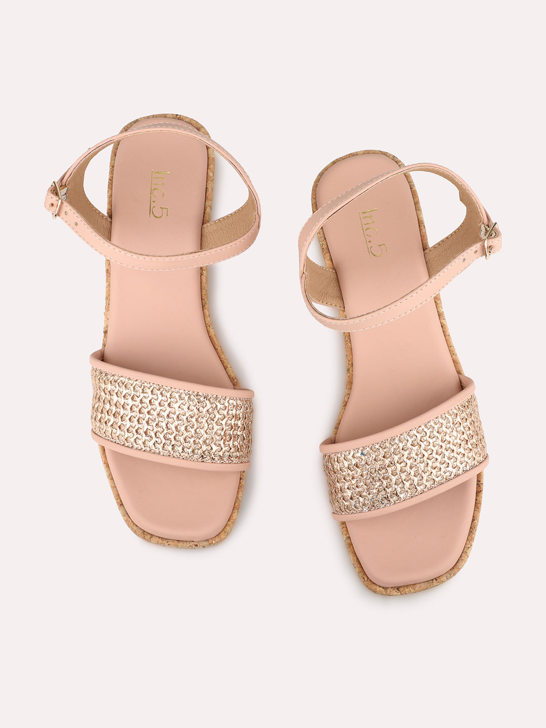 Womens Peach Party Wear Embellished Open Toe Heels With Ankle Strap