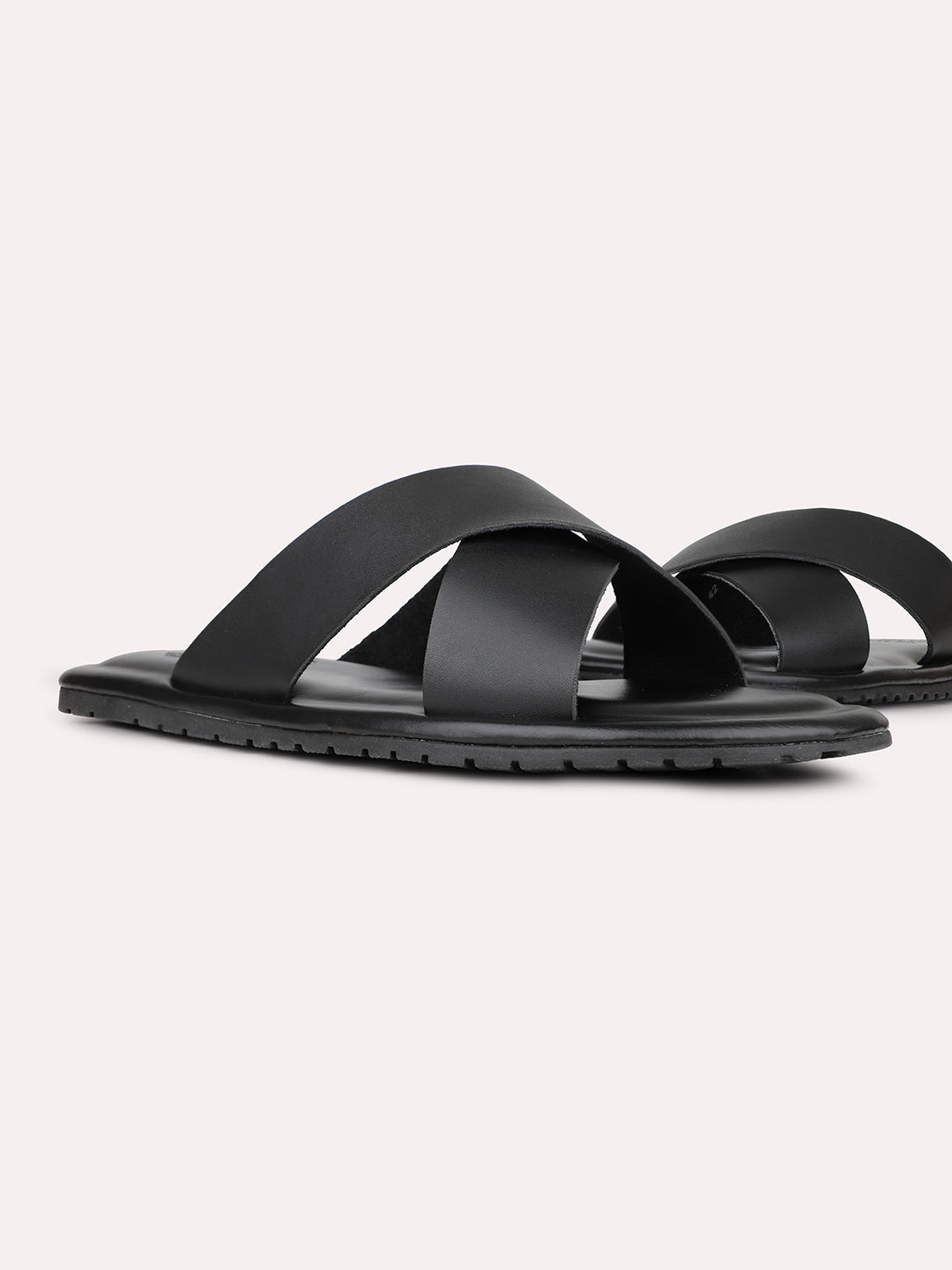 Mens Black Solid Round Toe Flat Leather Sandals