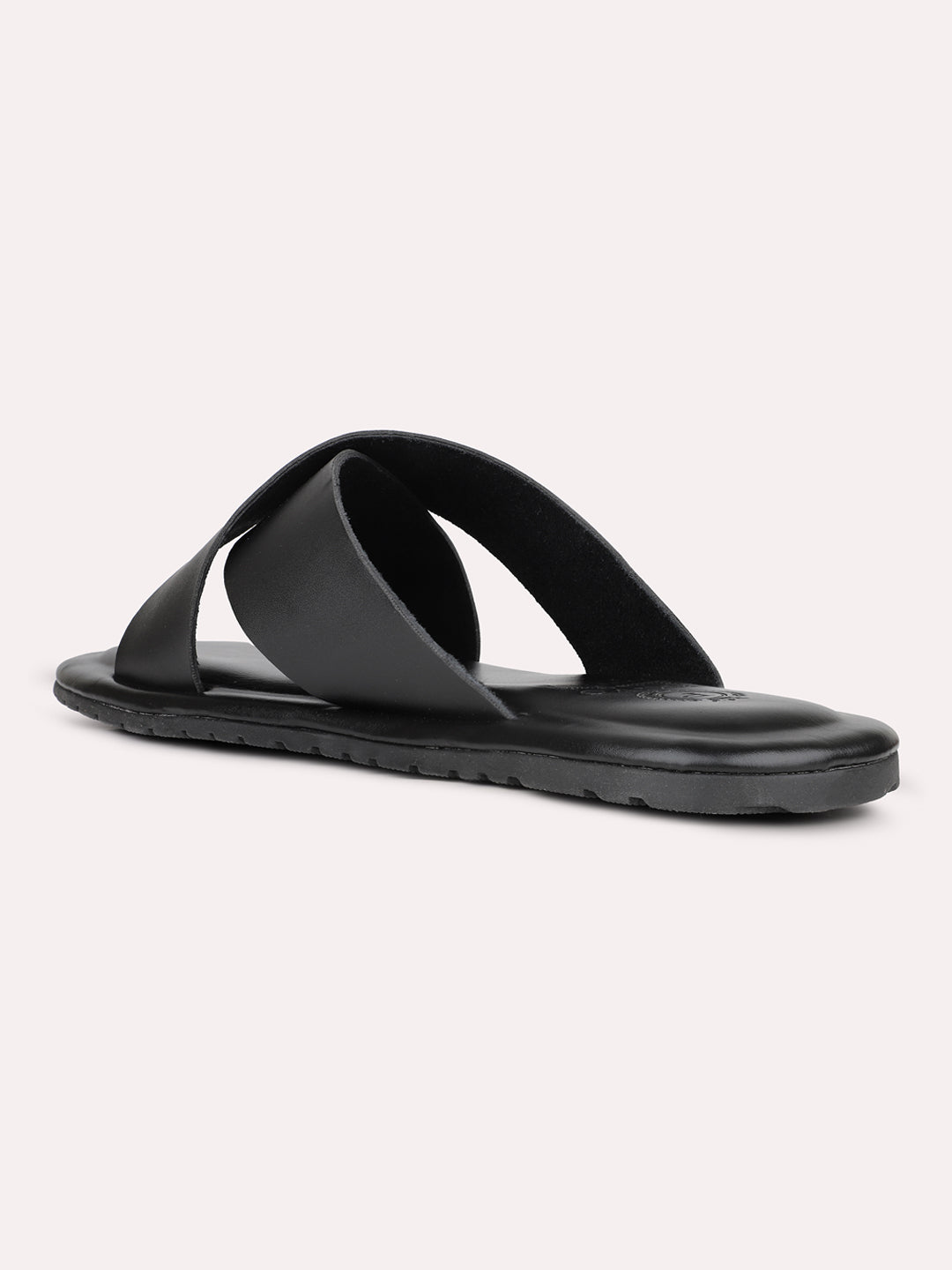 Mens Black Solid Round Toe Flat Leather Sandals