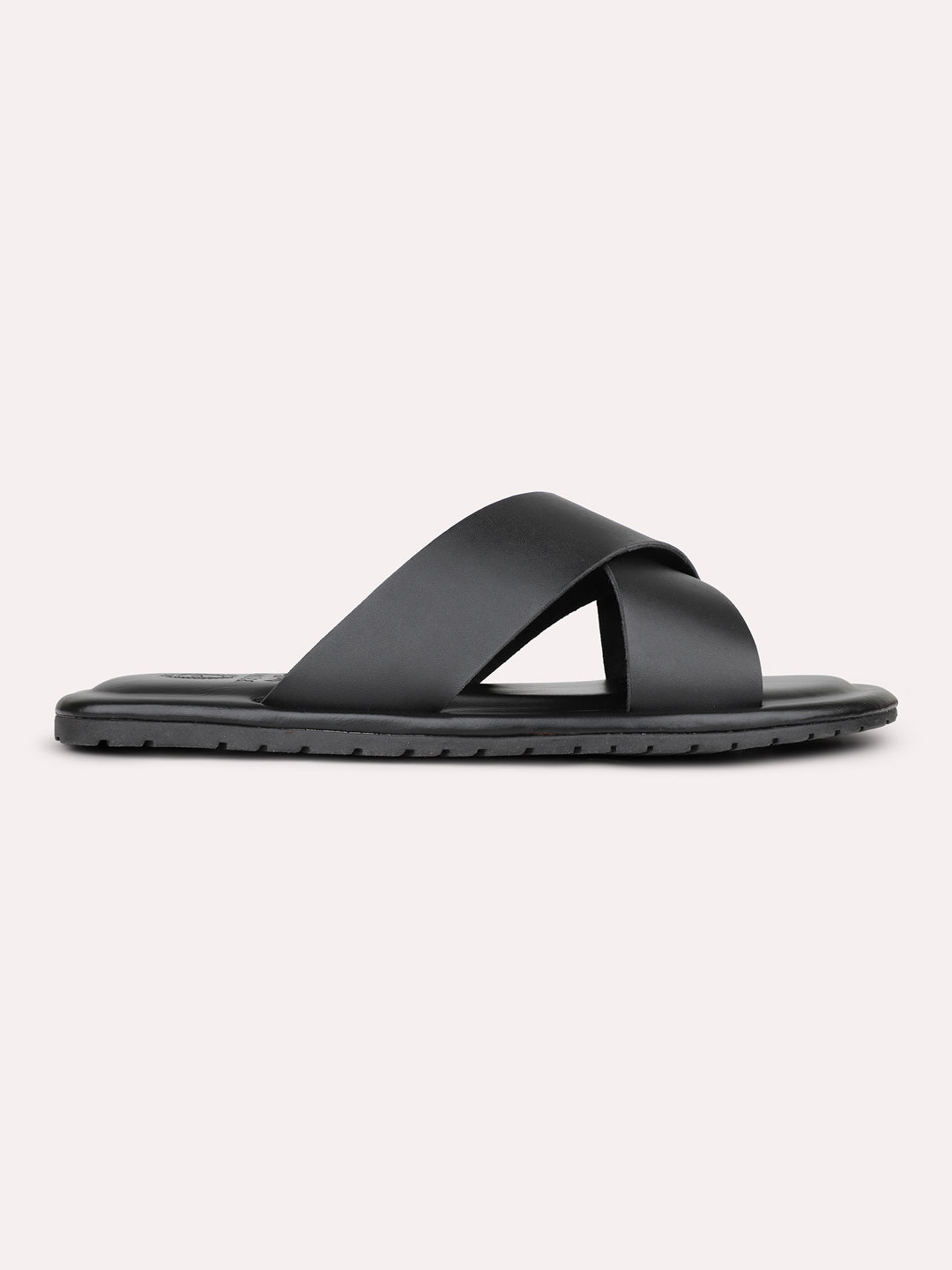 Mens Black Solid Round Toe Flat Leather Sandals