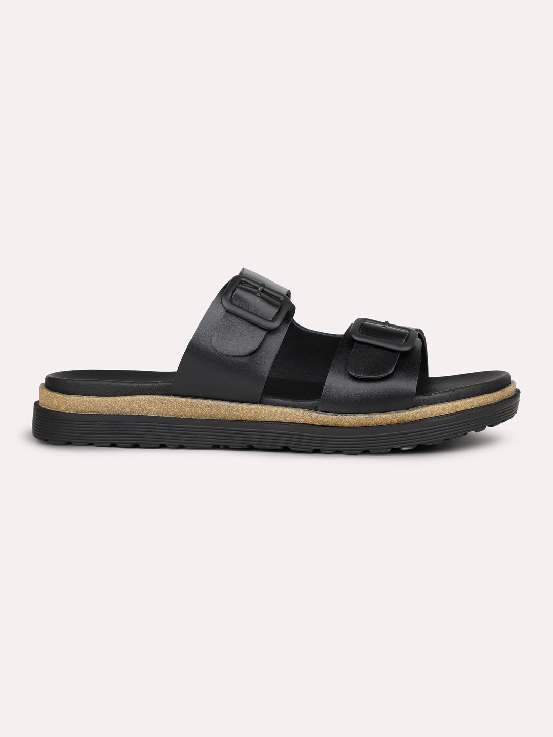 Mens Black Solid Round Toe Flat Leather Sandals