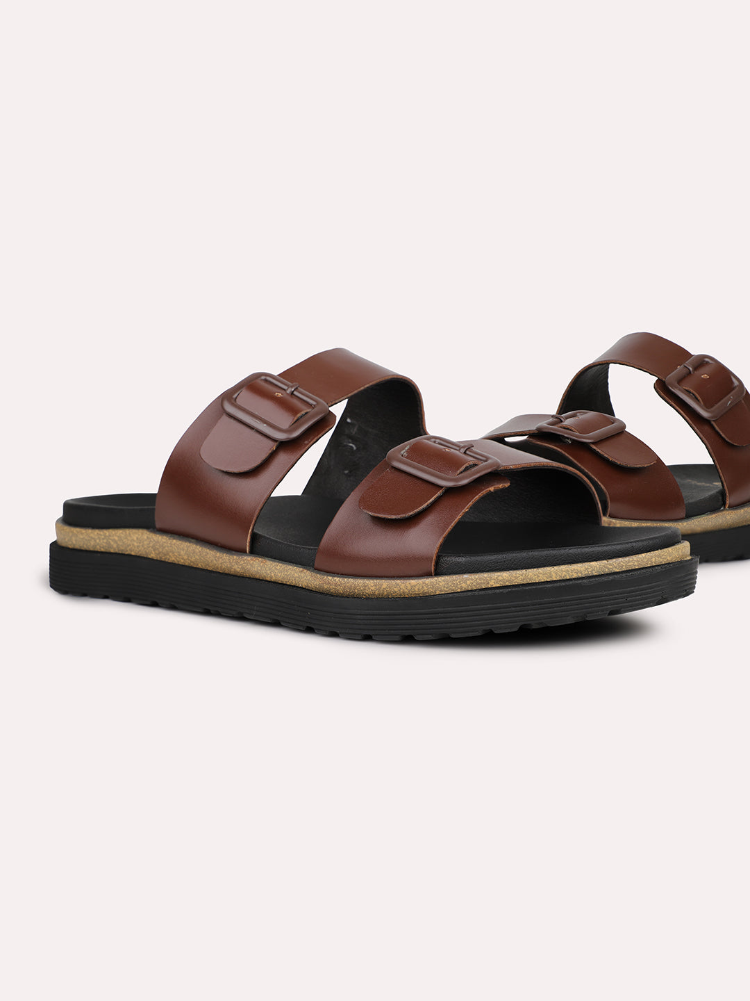 Mens Brown Solid Round Toe Flat Leather Sandals