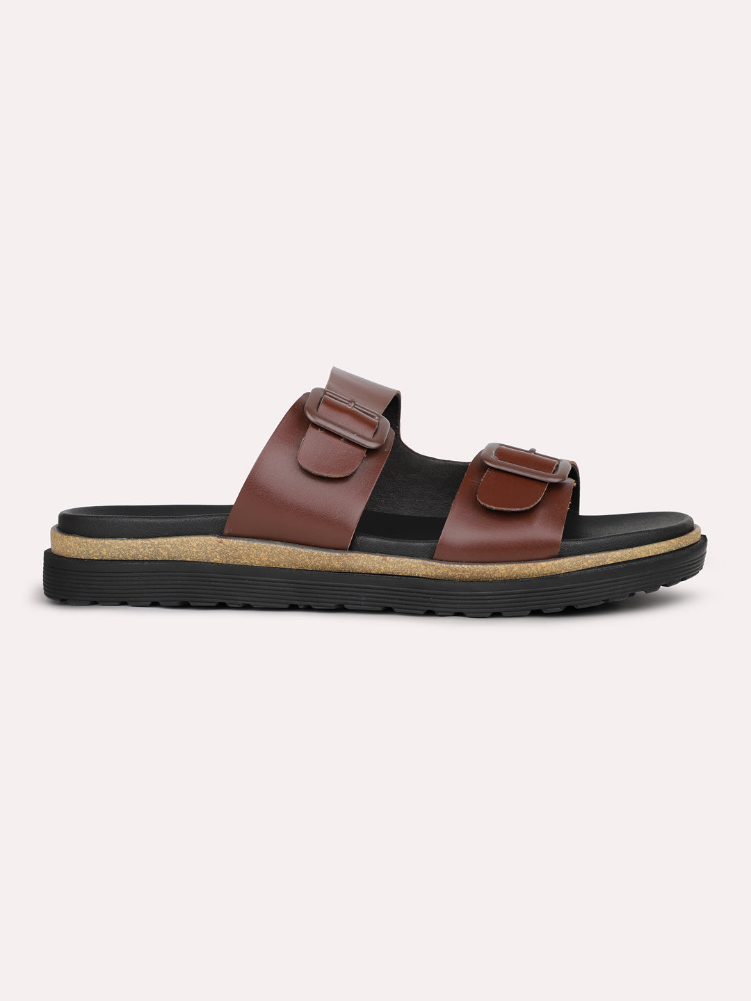 Mens Brown Solid Round Toe Flat Leather Sandals