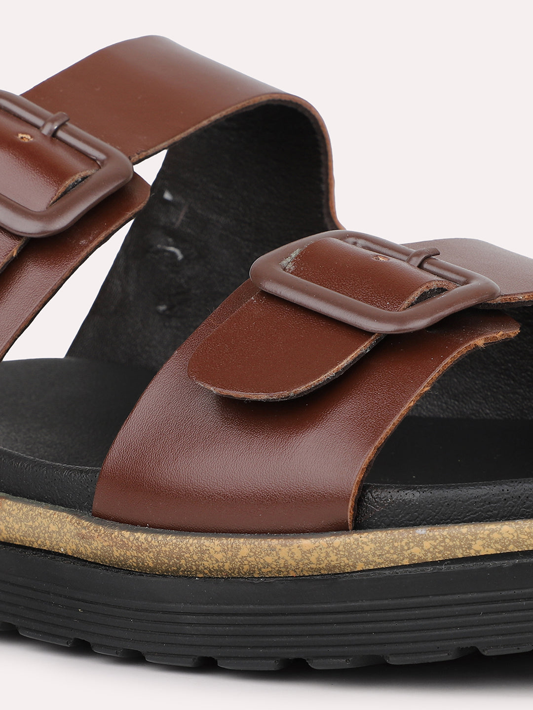 Mens Brown Solid Round Toe Flat Leather Sandals