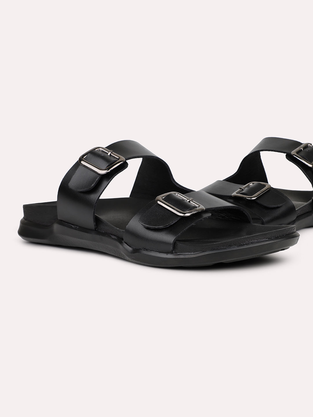 Mens Black Solid Round Toe Flat Leather Sandals