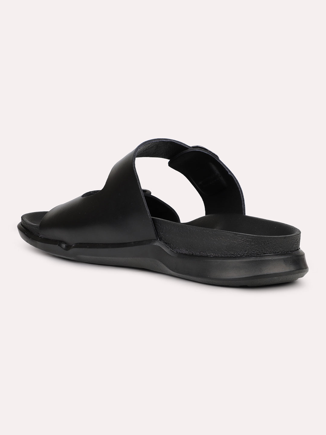 Mens Black Solid Round Toe Flat Leather Sandals