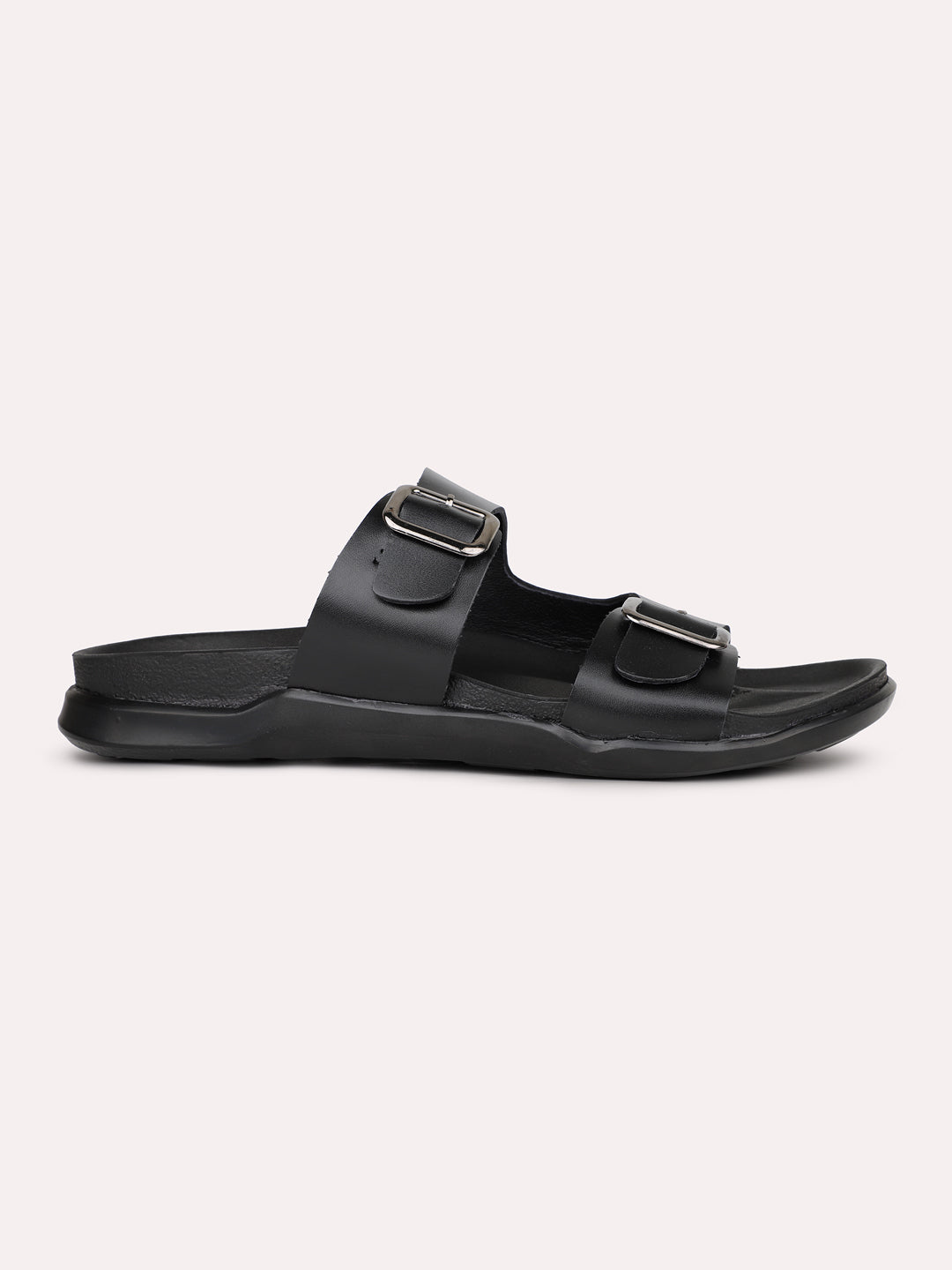 Mens Black Solid Round Toe Flat Leather Sandals