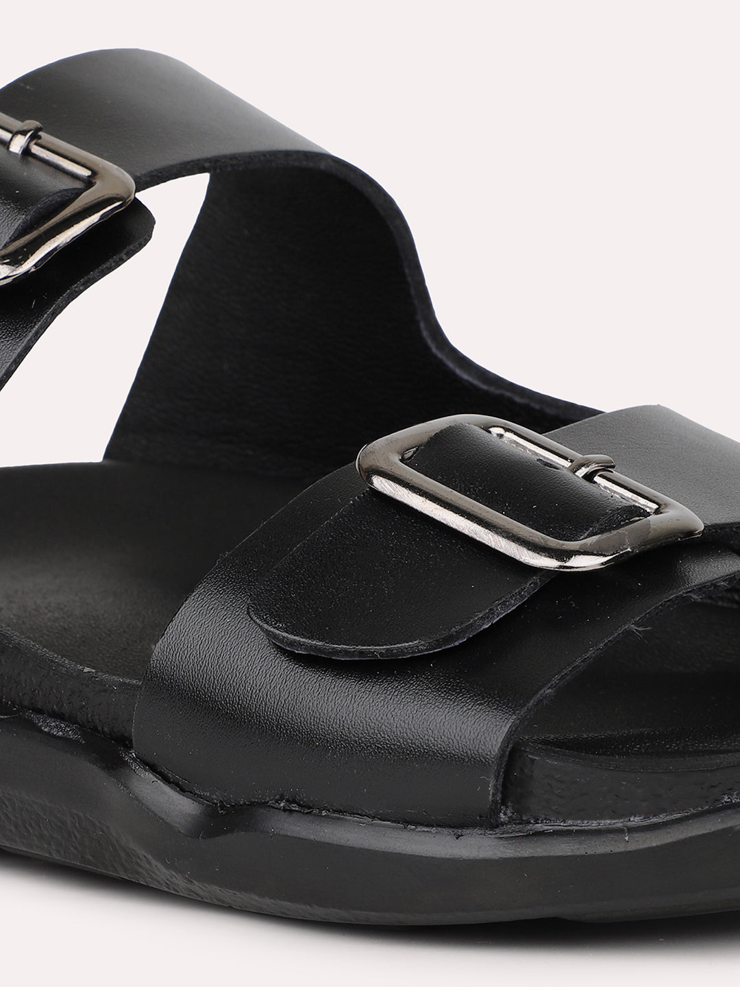 Mens Black Solid Round Toe Flat Leather Sandals