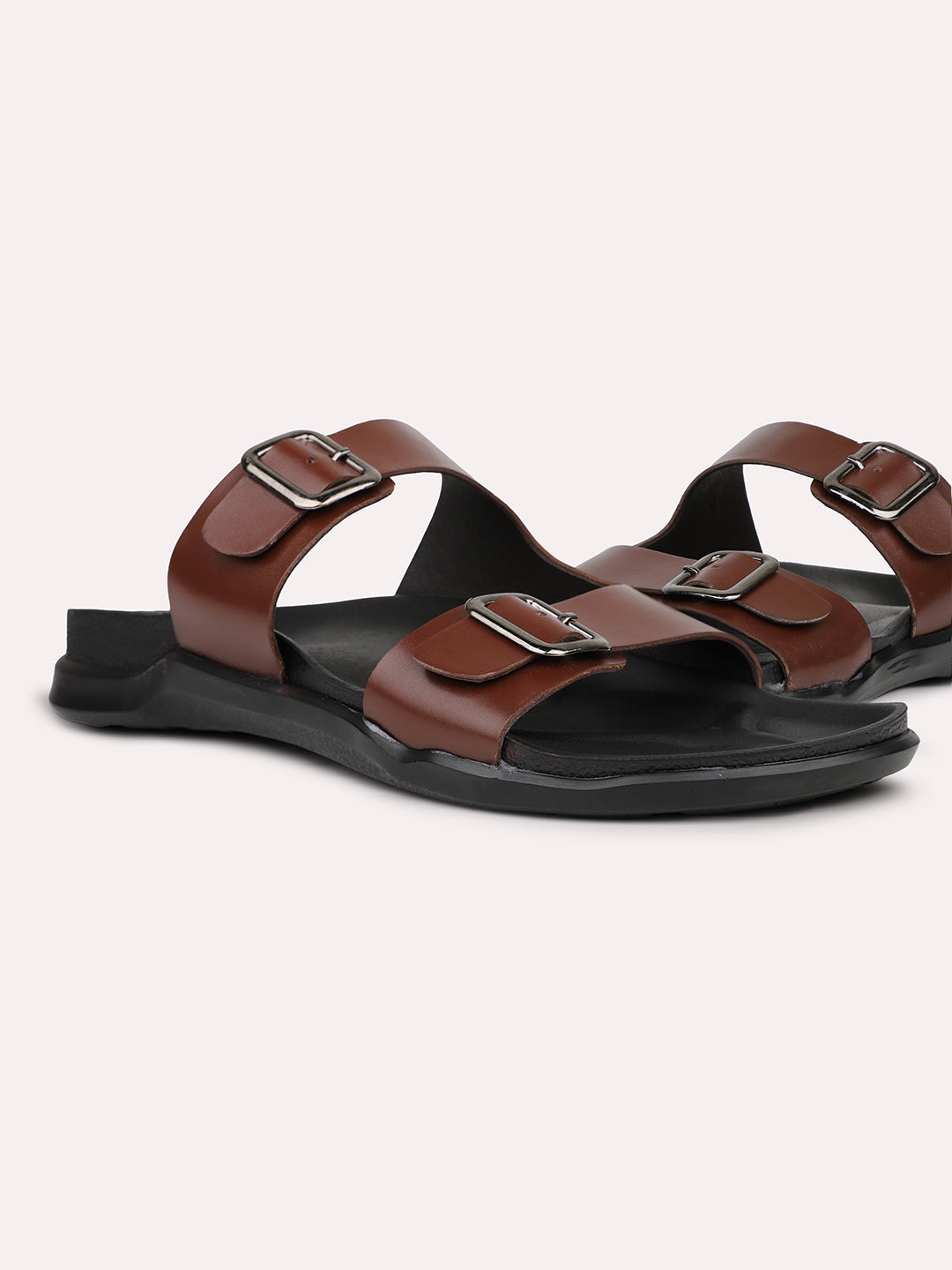 Mens Brown Solid Round Toe Flat Leather Sandals