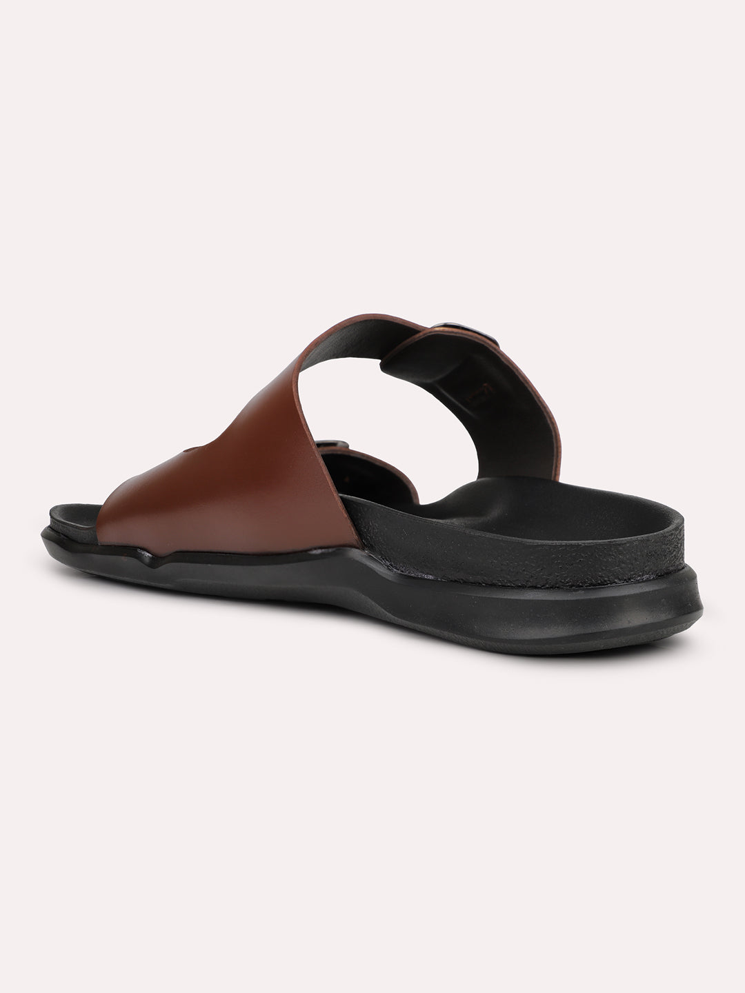 Mens Brown Solid Round Toe Flat Leather Sandals