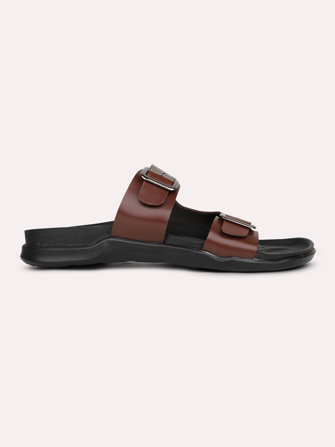 Mens Brown Solid Round Toe Flat Leather Sandals