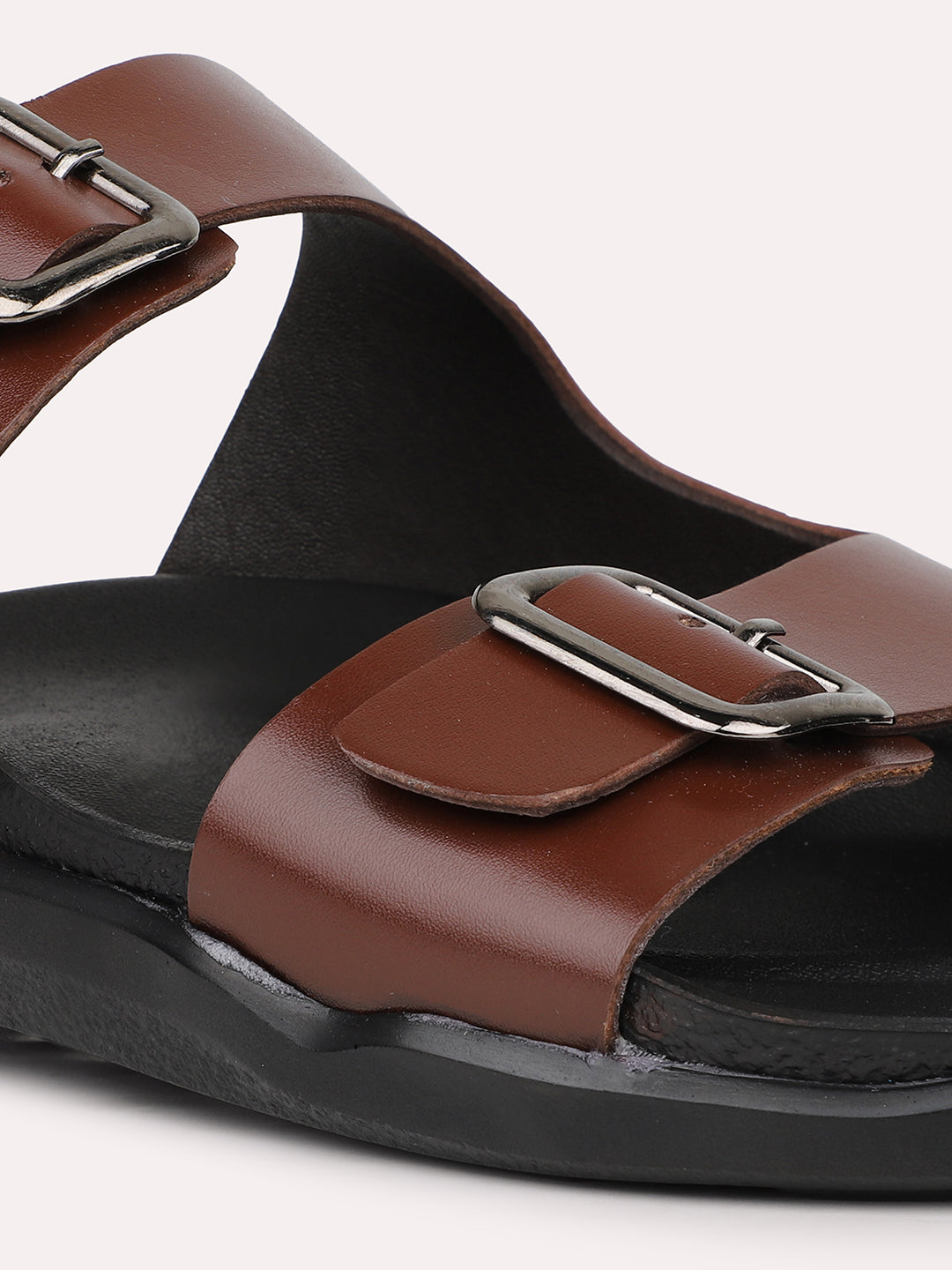 Mens Brown Solid Round Toe Flat Leather Sandals