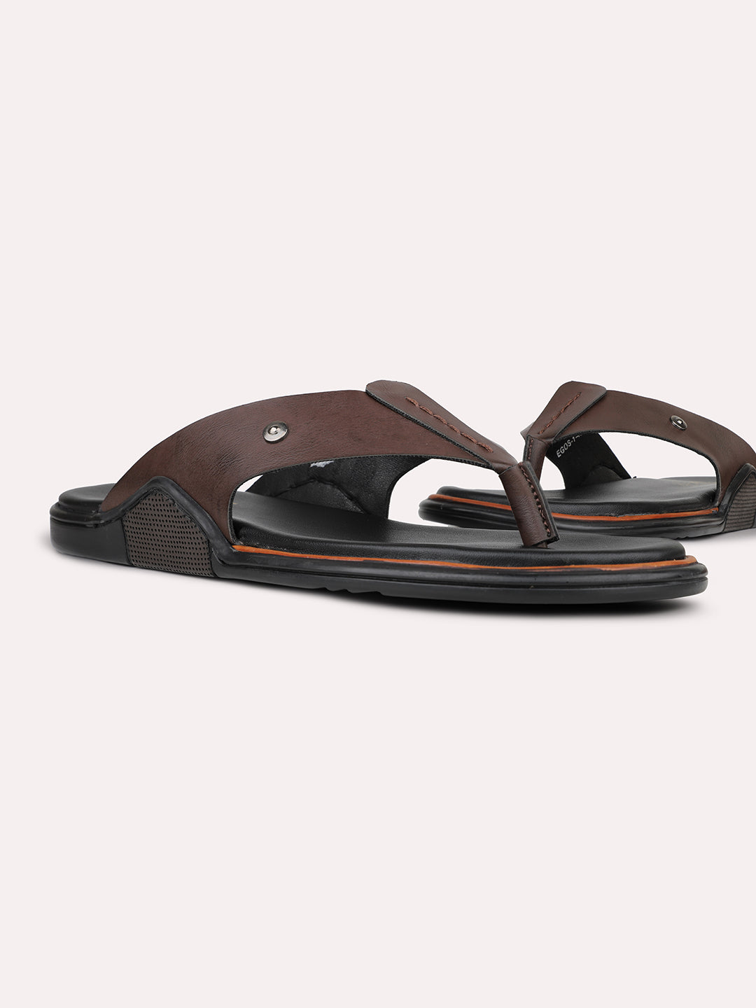 Mens Brown Solid Round Toe Flat Leather Sandals