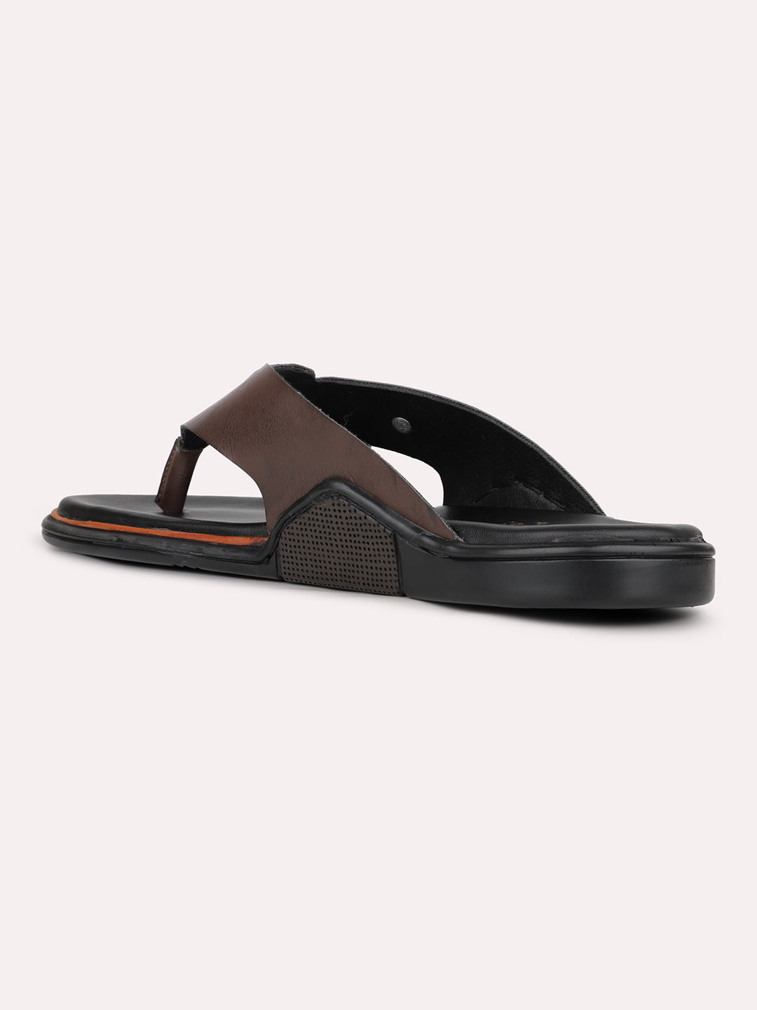 Mens Brown Solid Round Toe Flat Leather Sandals