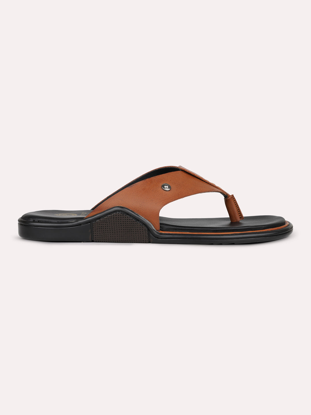 Mens Tan Solid Round Toe Flat Leather Sandals