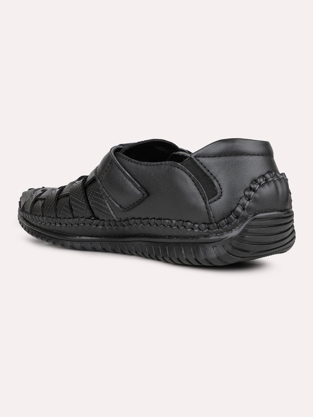 Mens Black Solid Round Toe Casual Leather Sandals