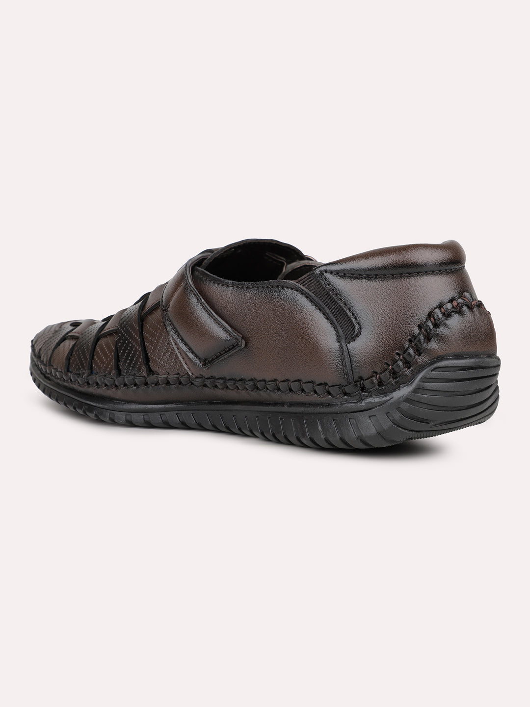 Mens Brown Solid Round Toe Casual Leather Sandals