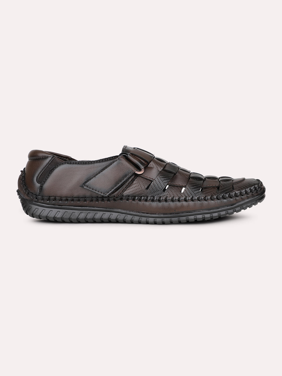 Mens Brown Solid Round Toe Casual Leather Sandals