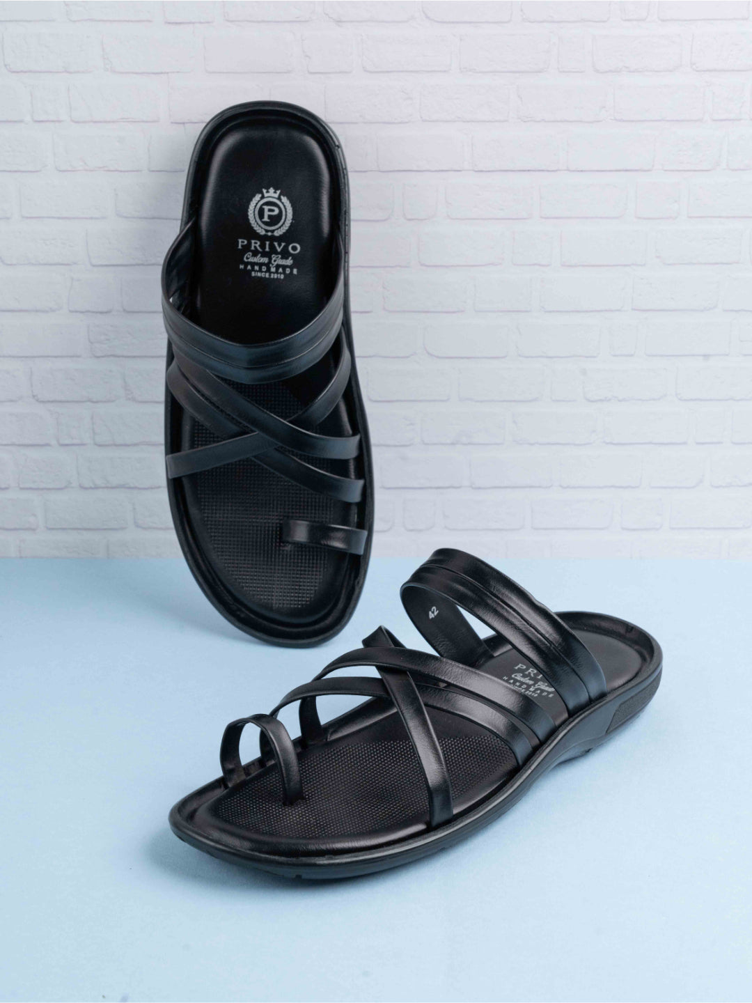 Mens Black Striped Round Toe Flat Leather Sandals