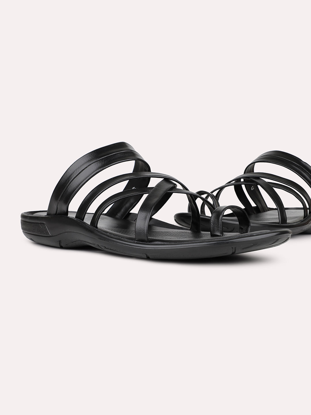 Mens Black Striped Round Toe Flat Leather Sandals