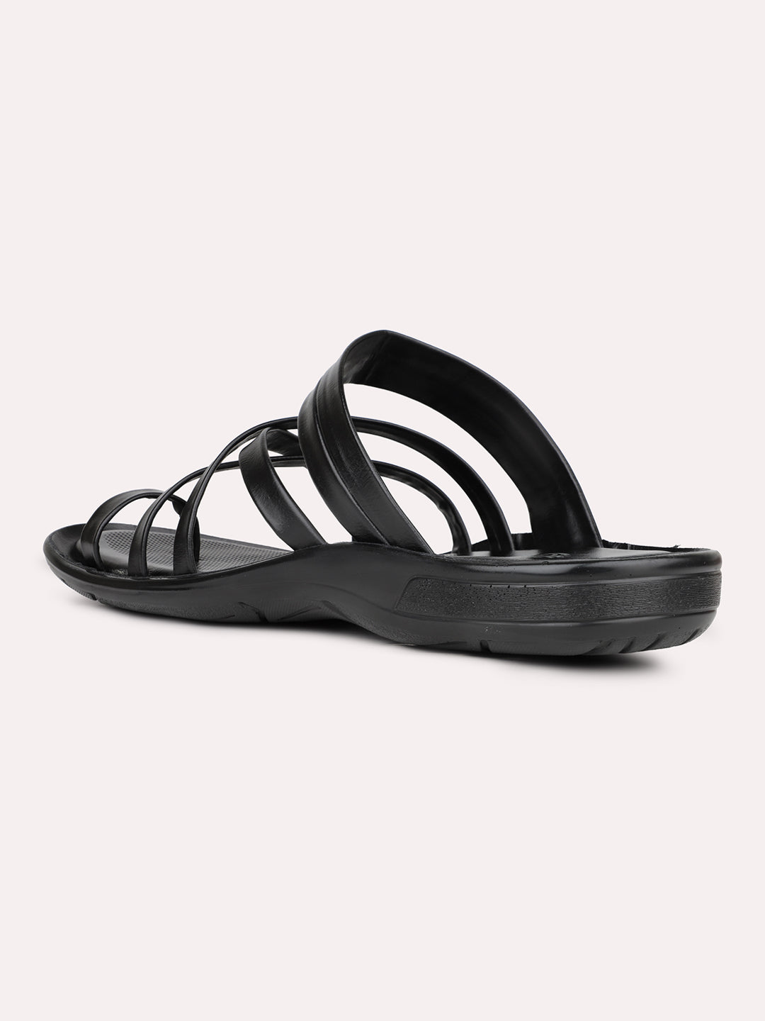 Mens Black Striped Round Toe Flat Leather Sandals