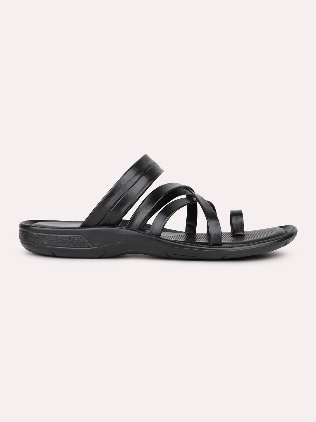 Mens Black Striped Round Toe Flat Leather Sandals