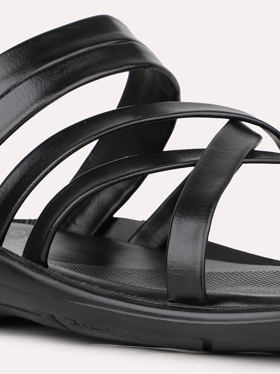 Mens Black Striped Round Toe Flat Leather Sandals