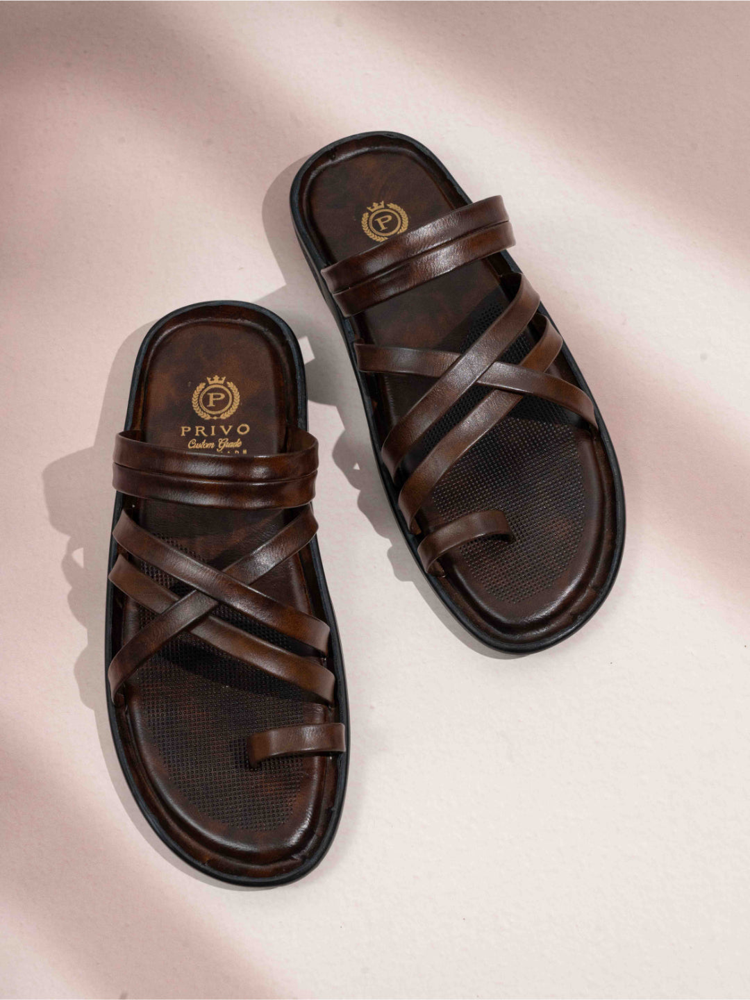 Mens Brown Striped Round Toe Flat Leather Sandals