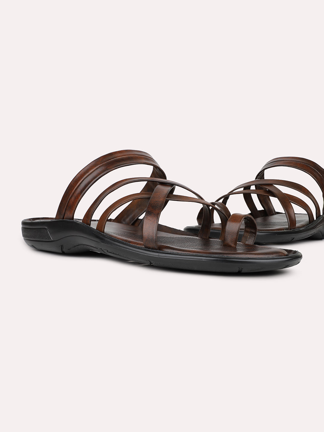 Mens Brown Striped Round Toe Flat Leather Sandals