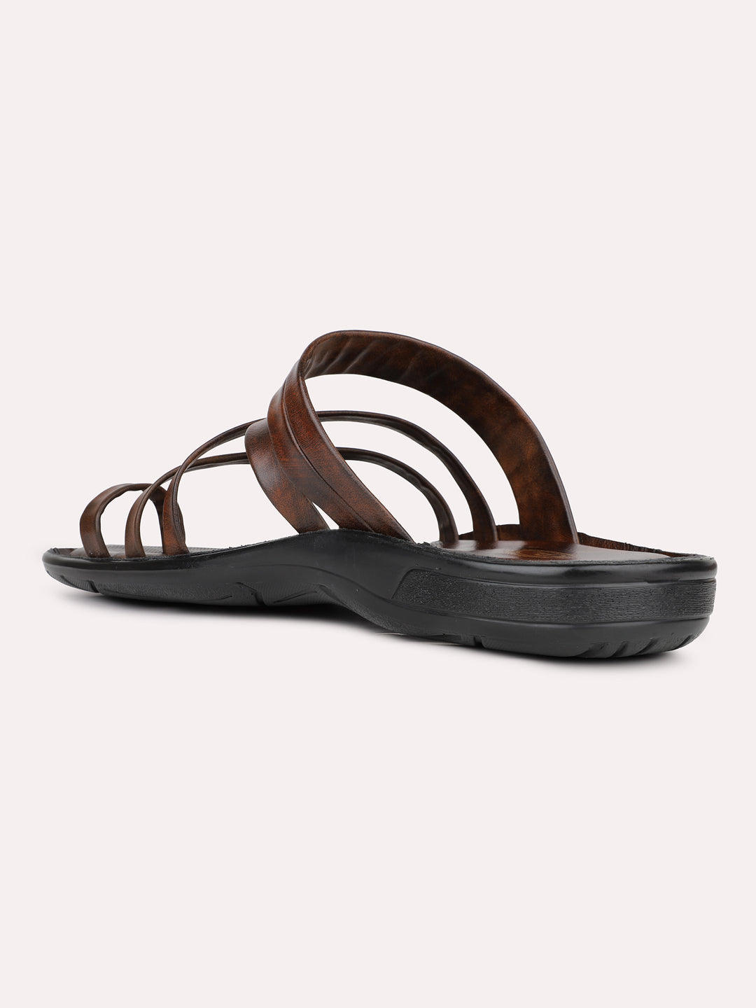 Mens Brown Striped Round Toe Flat Leather Sandals