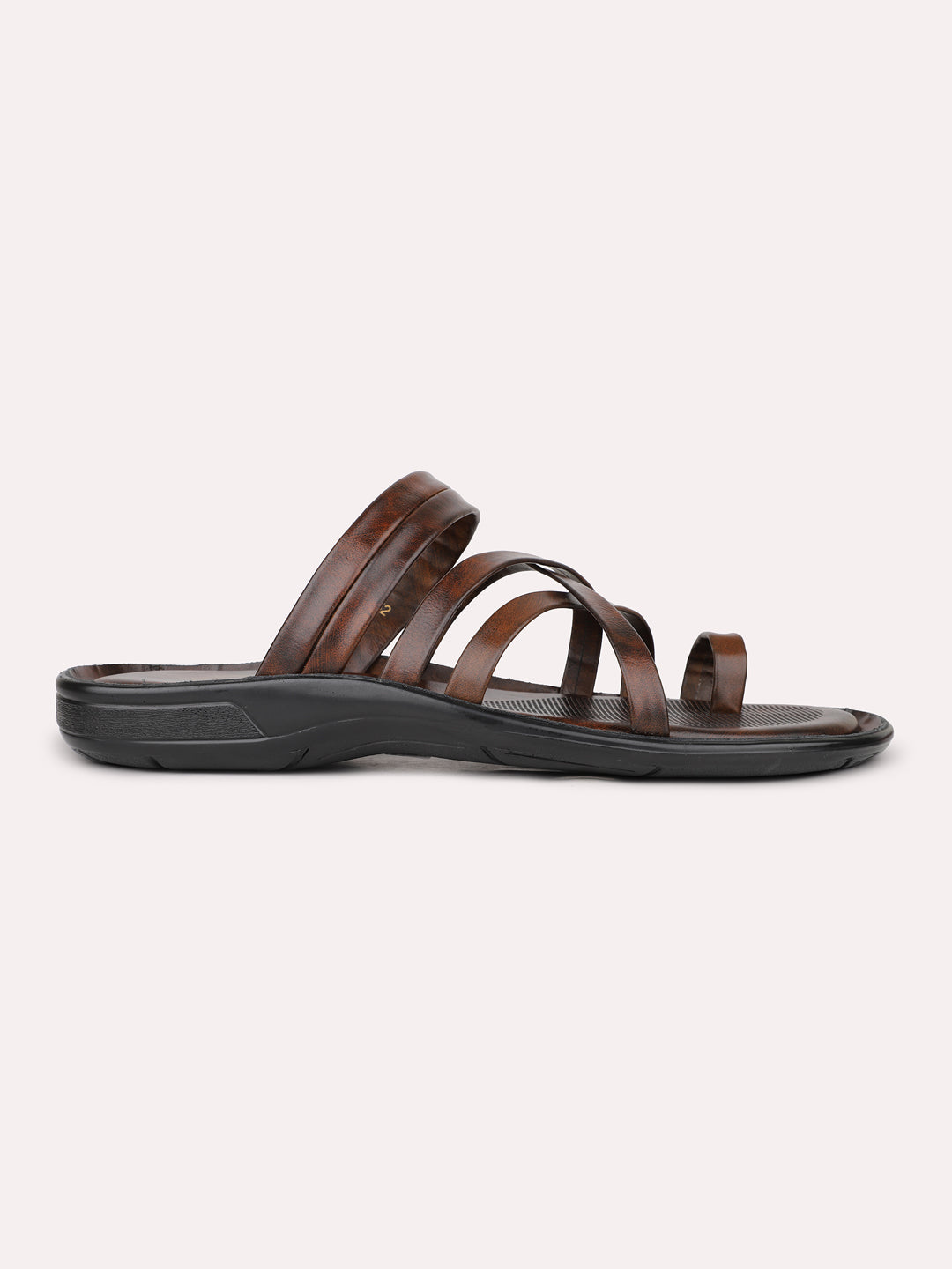 Mens Brown Striped Round Toe Flat Leather Sandals