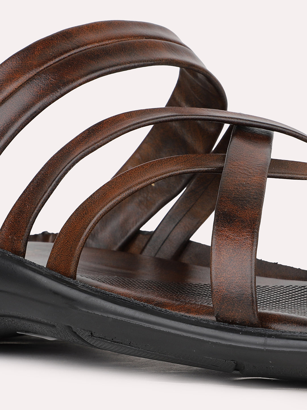 Mens Brown Striped Round Toe Flat Leather Sandals