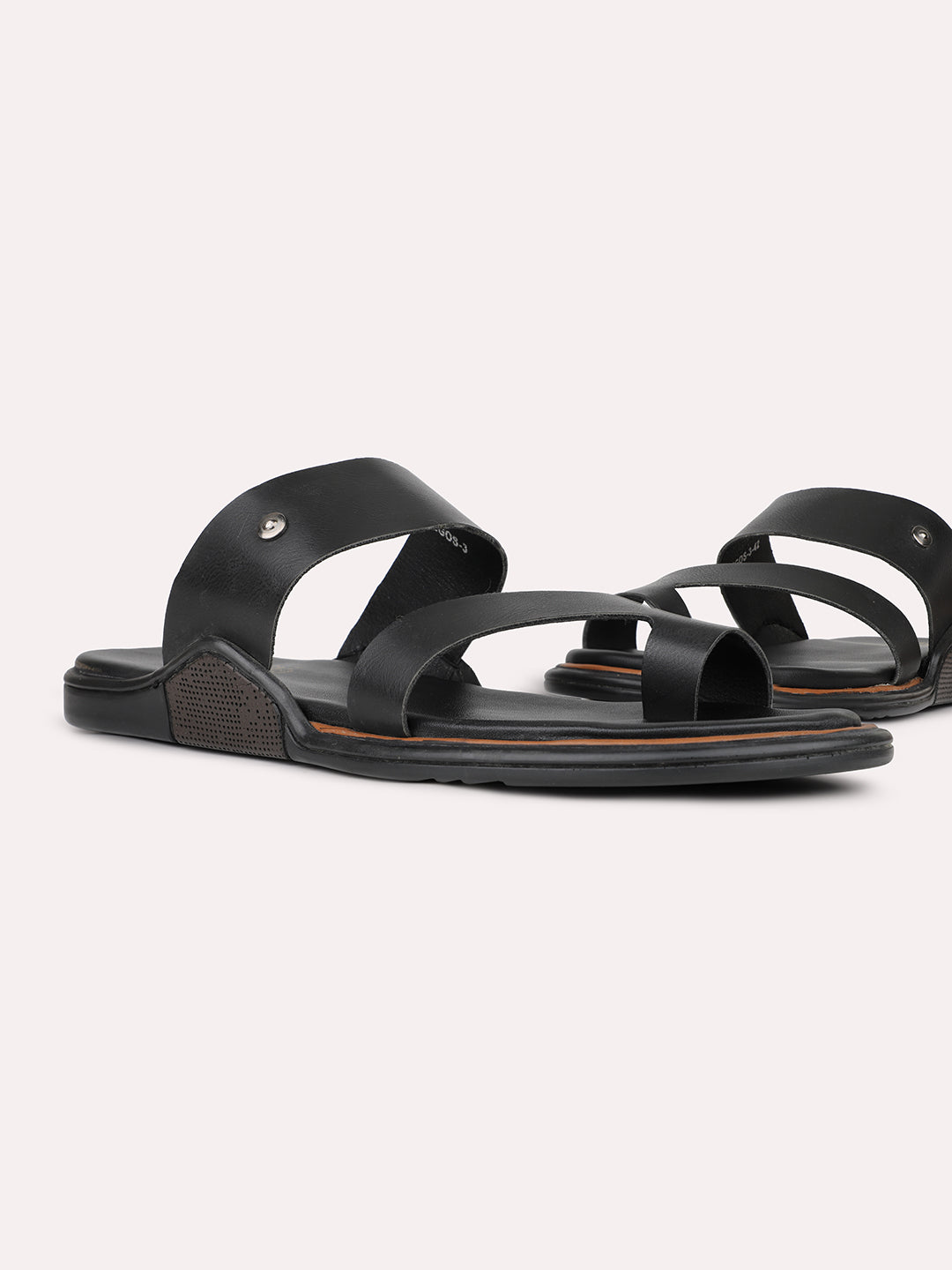 Mens Black Solid Round Toe Flat Leather Sandals