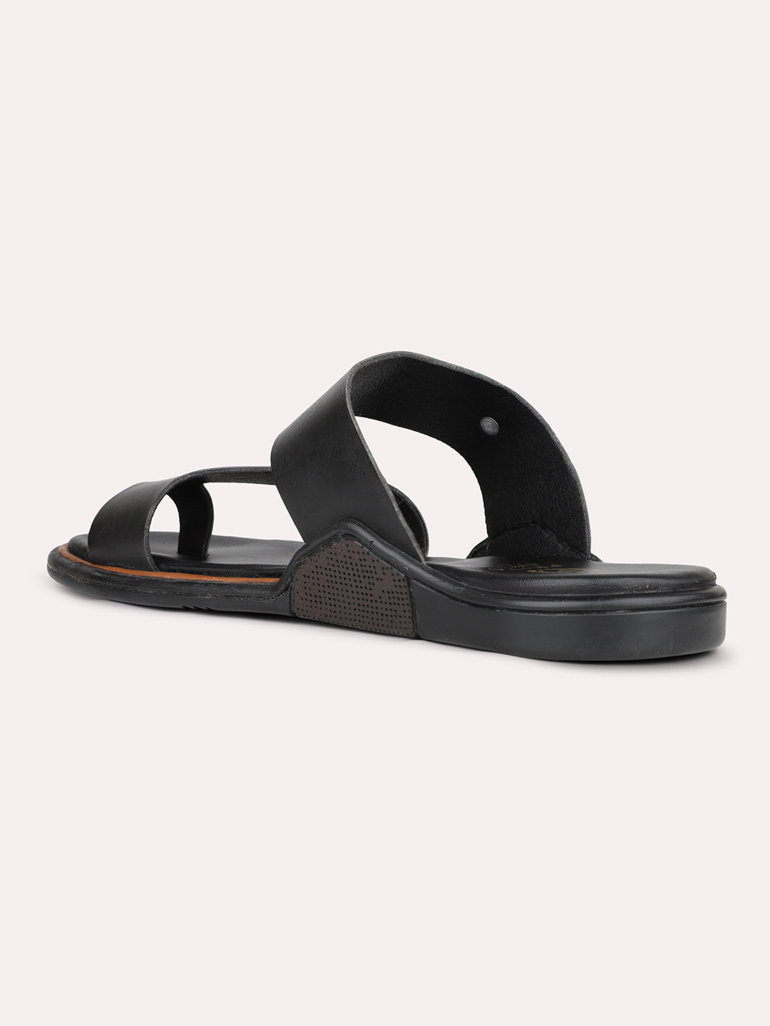 Mens Black Solid Round Toe Flat Leather Sandals