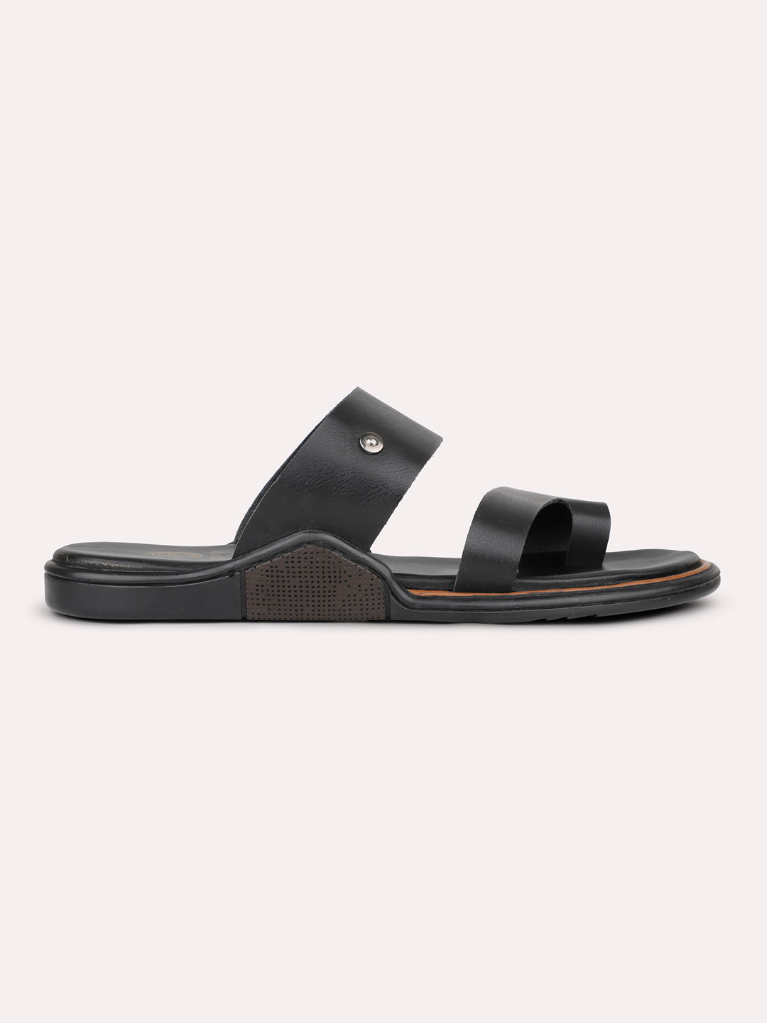 Mens Black Solid Round Toe Flat Leather Sandals