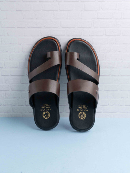 Mens Brown Solid Round Toe Flat Leather Sandals