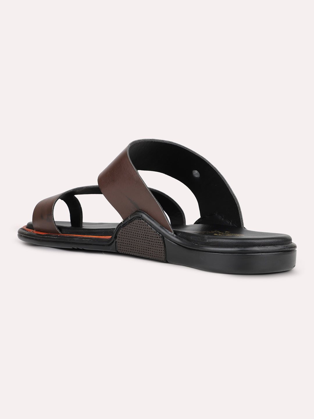 Mens Brown Solid Round Toe Flat Leather Sandals