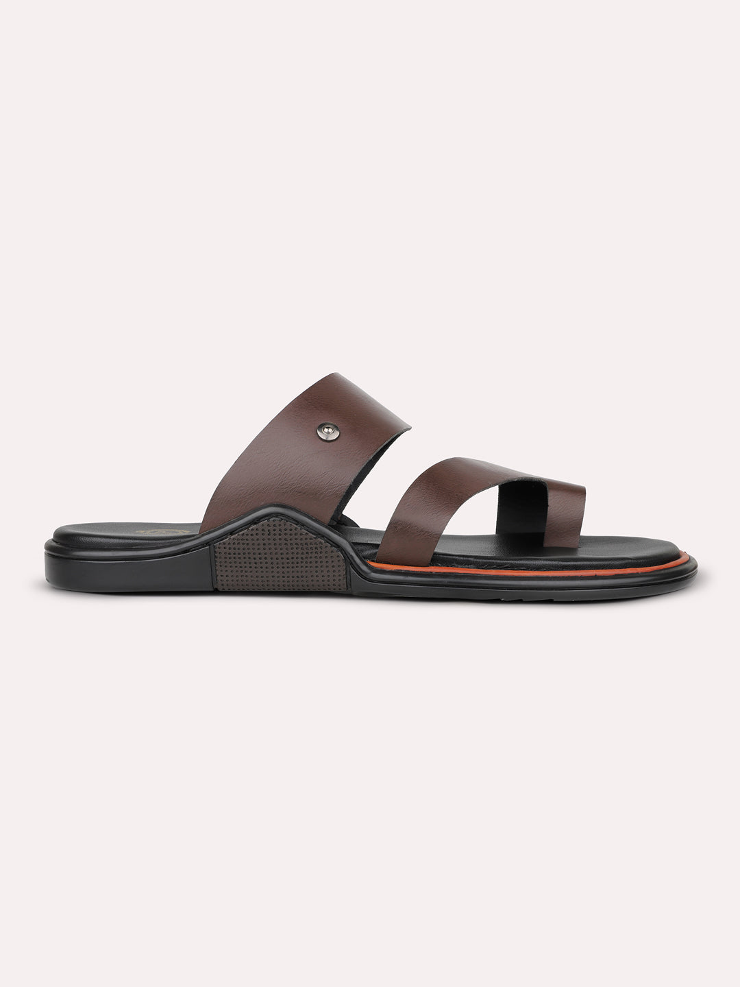 Mens Brown Solid Round Toe Flat Leather Sandals