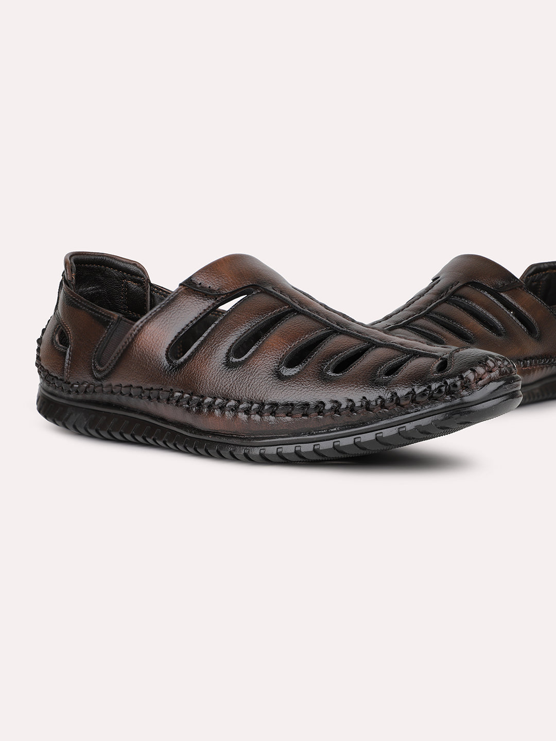 Mens Brown Solid Round Toe Casual Leather Sandals