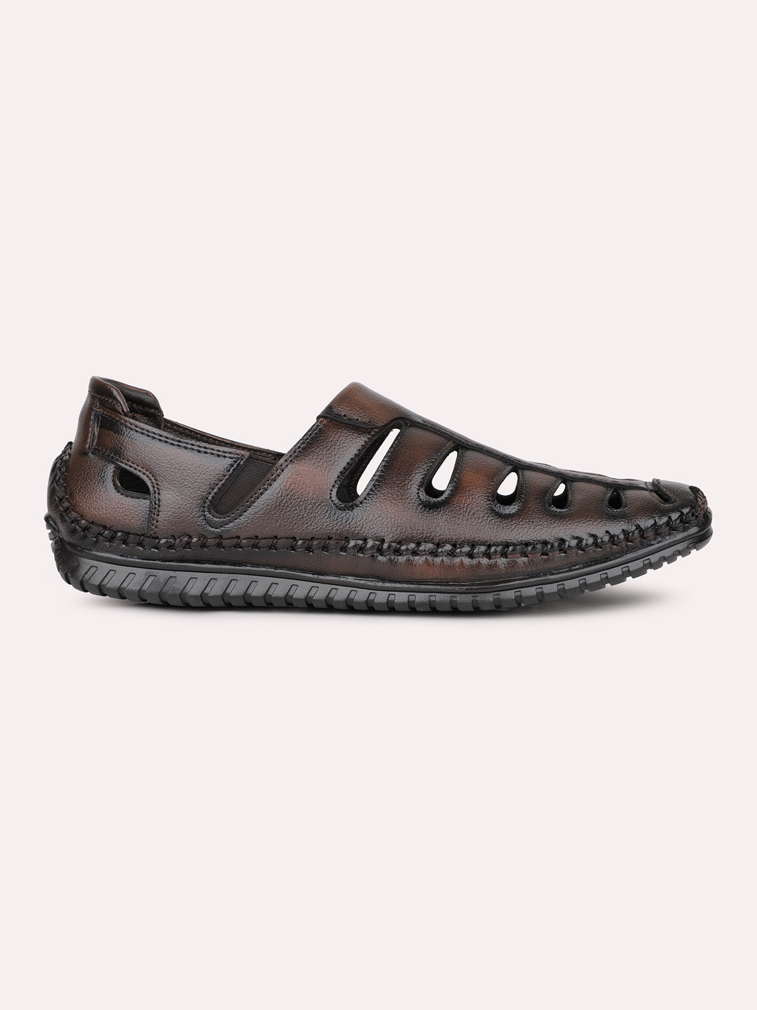 Mens Brown Solid Round Toe Casual Leather Sandals