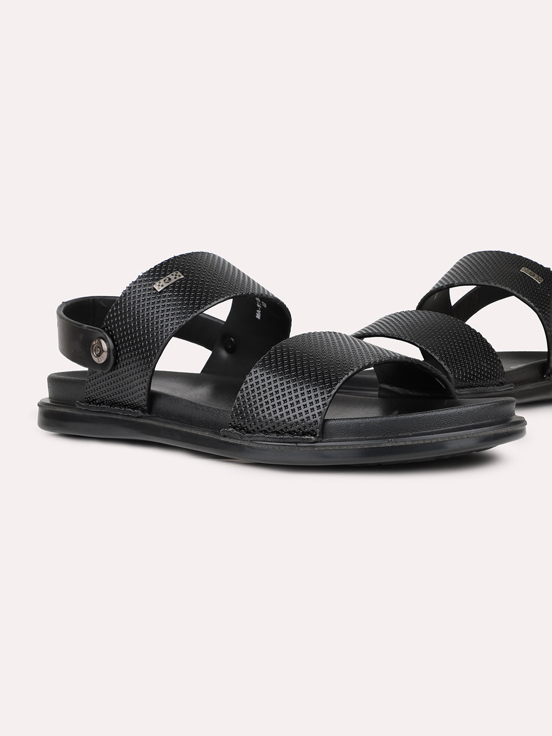 Mens Black Solid Round Toe Flat Leather Sandals