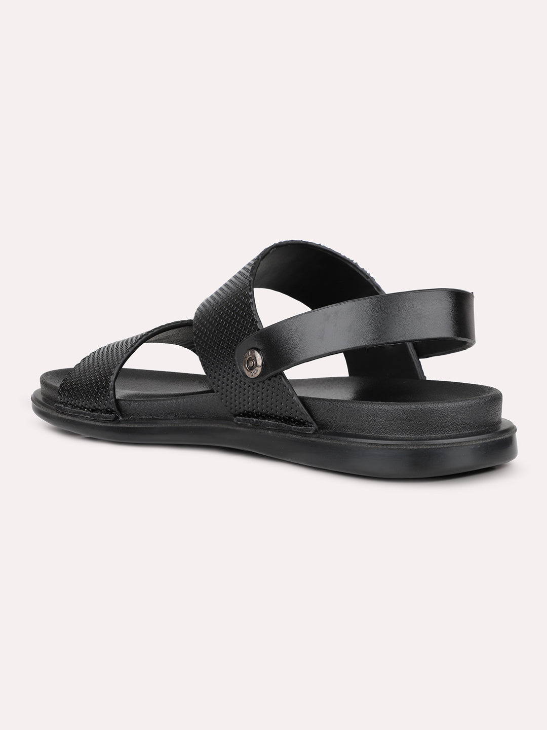 Mens Black Solid Round Toe Flat Leather Sandals