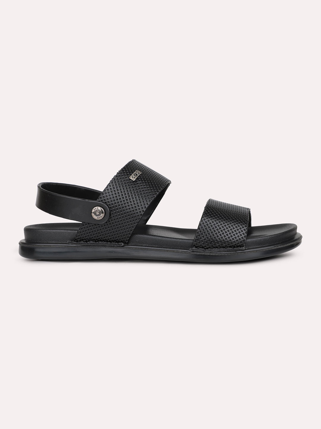 Mens Black Solid Round Toe Flat Leather Sandals