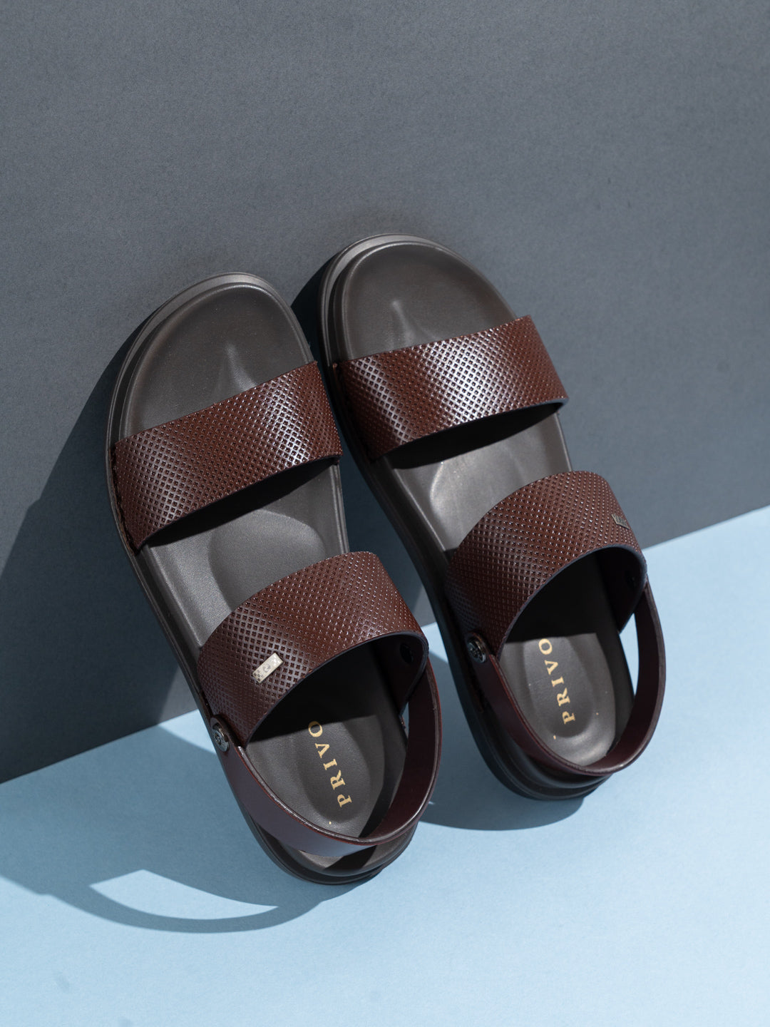 Mens Brown Solid Round Toe Flat Leather Sandals