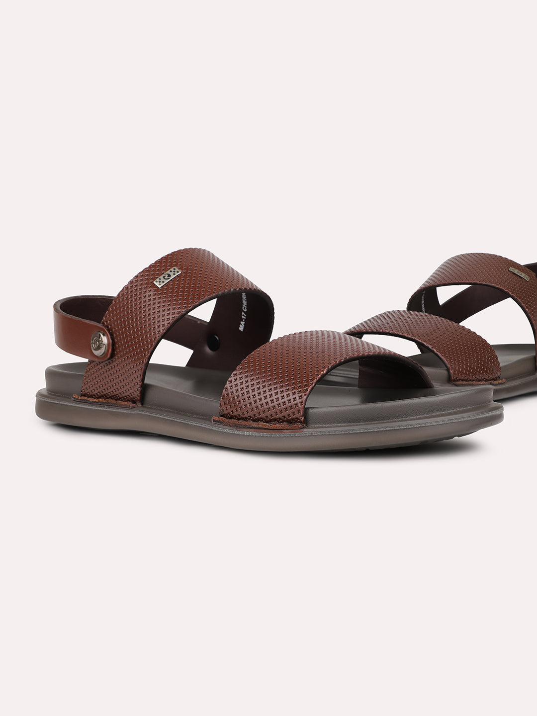 Mens Brown Solid Round Toe Flat Leather Sandals